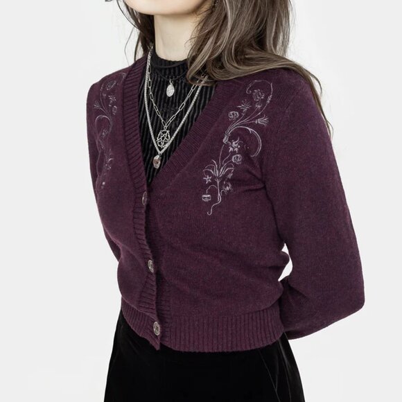 Disturbia Sweaters - Disturbia Poe Embroidered Purple Cardigan Gray floral skull embroidery Sweater